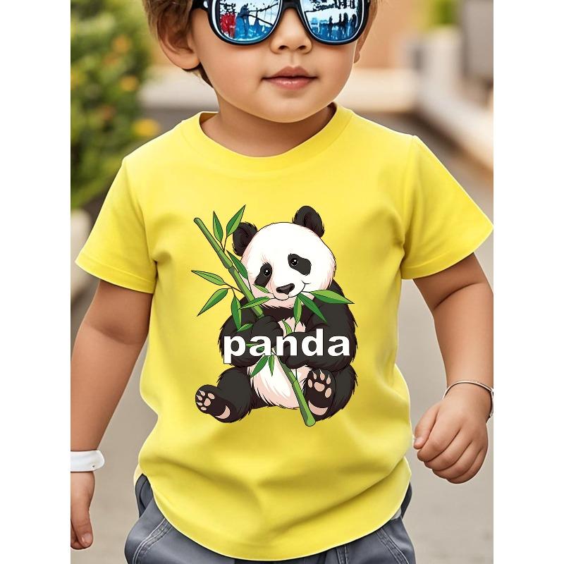 European Size Boys Round Neck Short Sleeved Shirt with Panda Cartoon Pattern