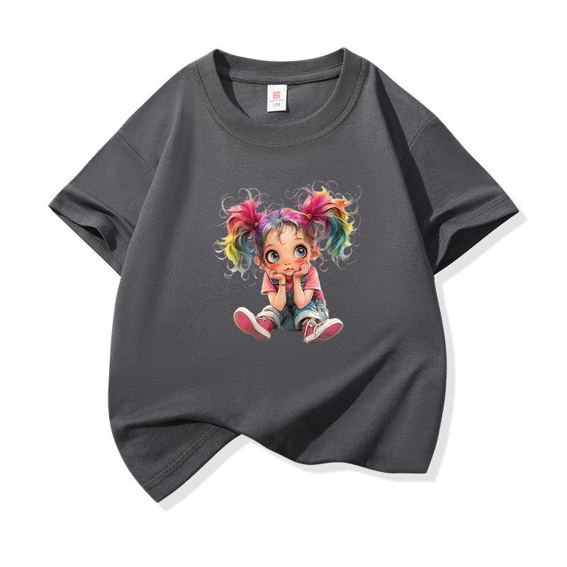 Kids Cotton T Shirt Rainbow Hair Girl Print Crew Neck Short Sleeve Tee Casual Boys Girls Summer Tops
