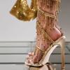 Liyke Элегантные женские туфли для свадебного банкета Модные босоножки на шпильках с кристаллами и кисточками Сексуальные босоножки с открытым носком для стриптиза на каблуках Золотистые