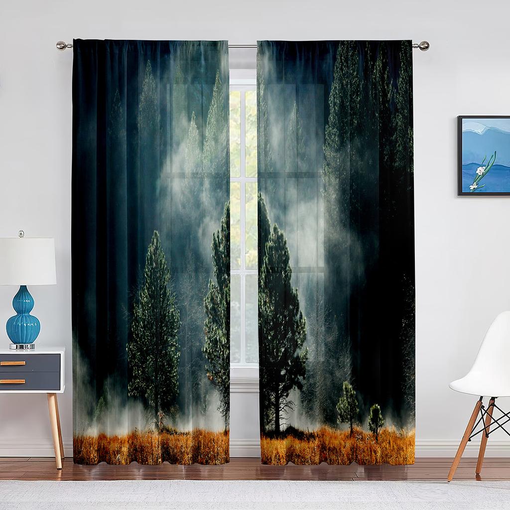 Туманный лес, прозрачная вуаль, туманная живописная зеленая природа, пейзаж, окно, тюлевые шторы для спальни, гостиной, кухни, декор