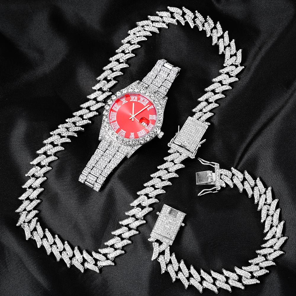 Hip Hop 3pcs Cuban Chain Watch for Men Miami Curb Iced Out Paved Rhinestones Rapper Cuban Necklace Suit Watch Bracelet Jewelry