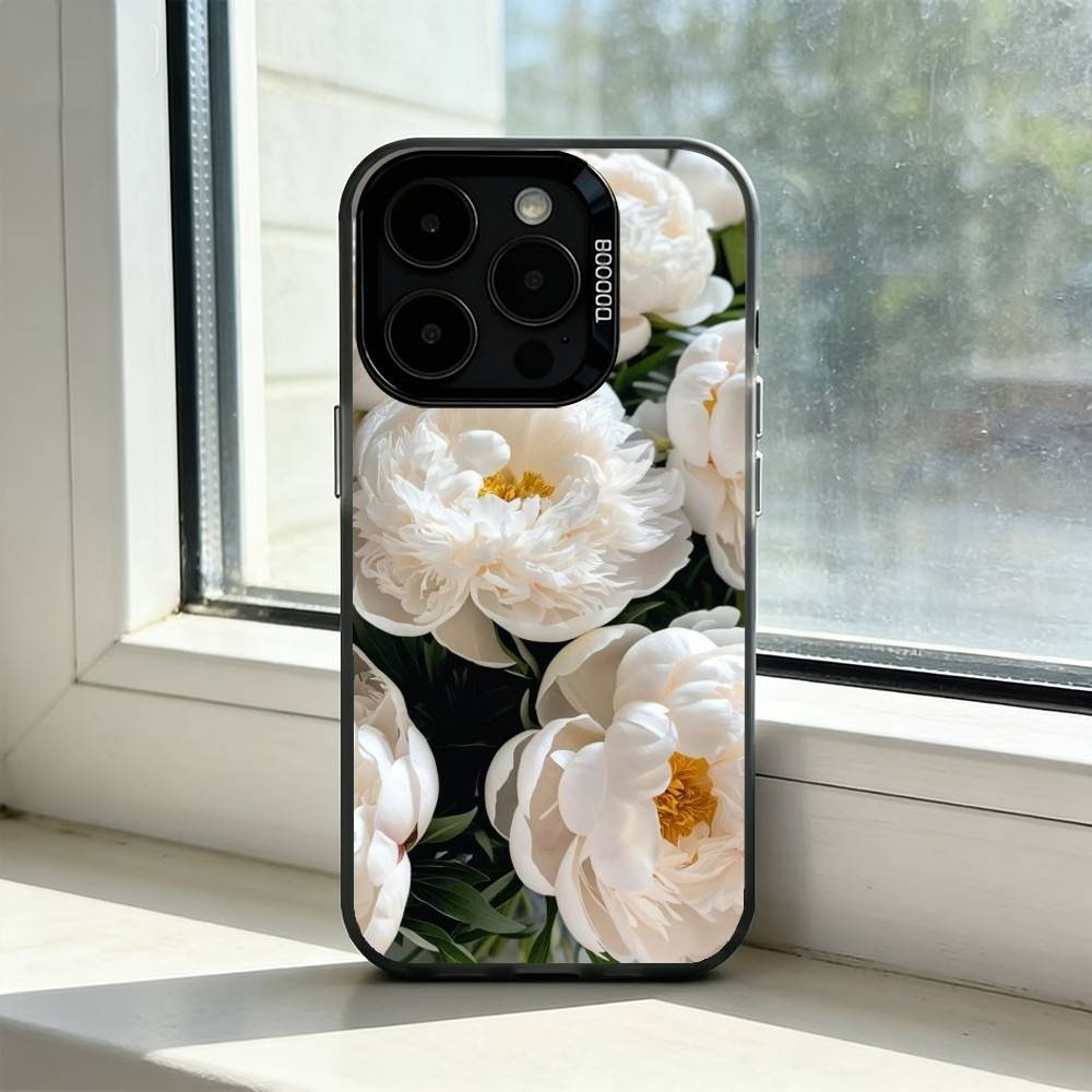 Elegant Peony F-Flower Phone Case For iPhone 17,16,15,14,13,12,11 Plus,Pro Max,XS,Colorful Silver Black Cover