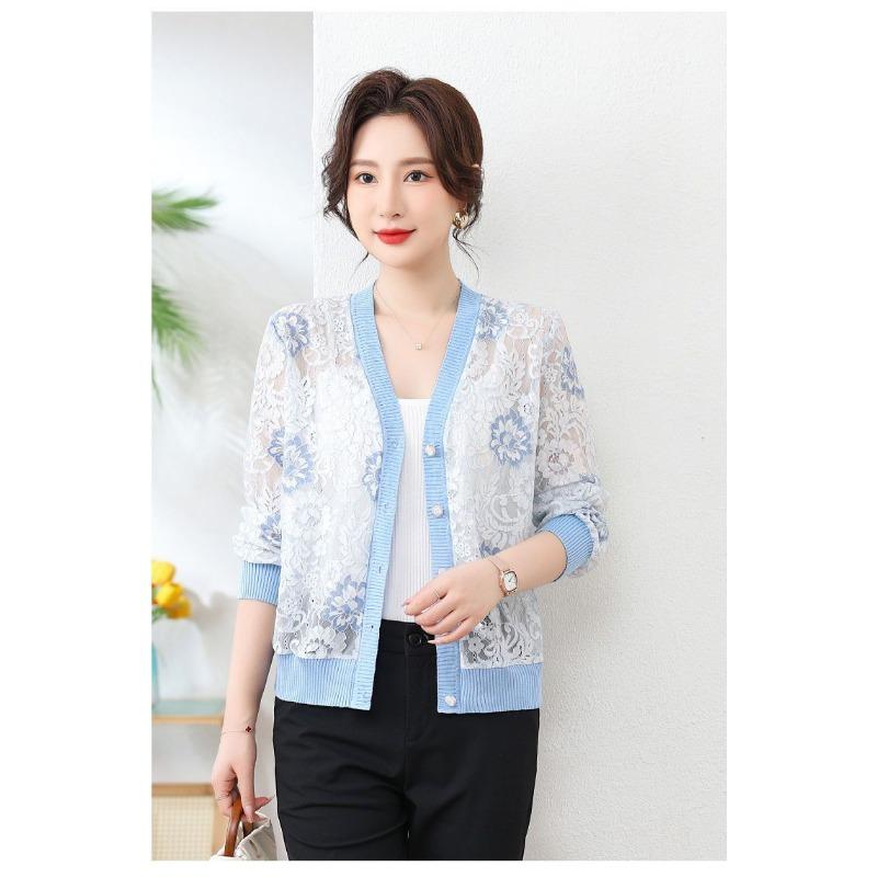 Вязаный кардиган с V-образным вырезом, куртка, одежда для защиты от солнца для женщин 2025, тонкое кружево, свободный, ажурный, с длинным рукавом, короткий топ