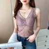 Summer Fashion Lace Sexy Sleeveless Short Blouse For Women V Neck Slim Fit Solid Shirt See Through Black Crop Top 25452