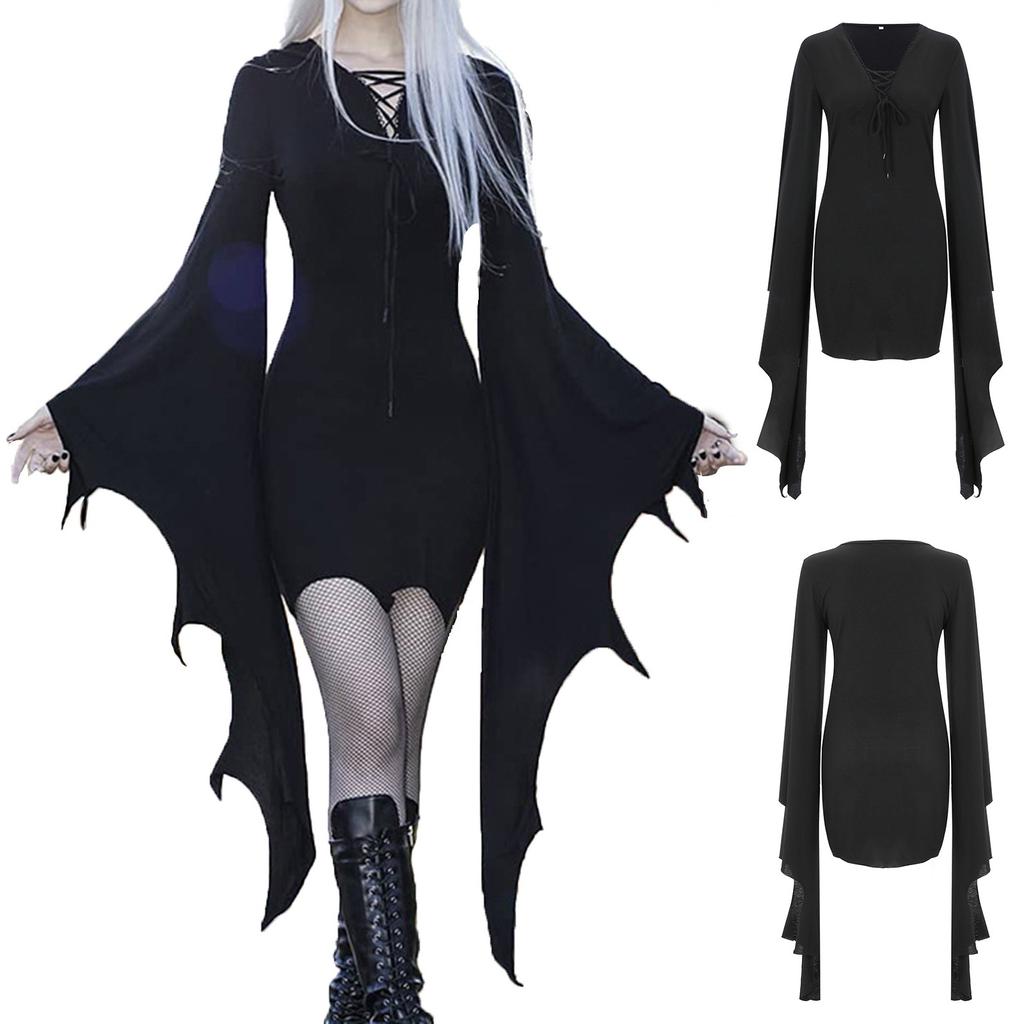 Halloween Dress Up Ladies Dress Halloween Women's Fall V Neck Solid Color Sexy Slim  Sleeve Dress