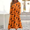 Women's Casual Crew-neck Halloween Print Mid-length Dress Long-sleeved Dress With Pocket