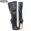 Сапоги на очень высоком каблуке 18 см, черные женские туфли до колена на молнии из искусственной кожи с острым носком и металлическим каблуком