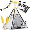 Nukido Teepee Tent for Children with Garland and Lights In Black and White with a Panda