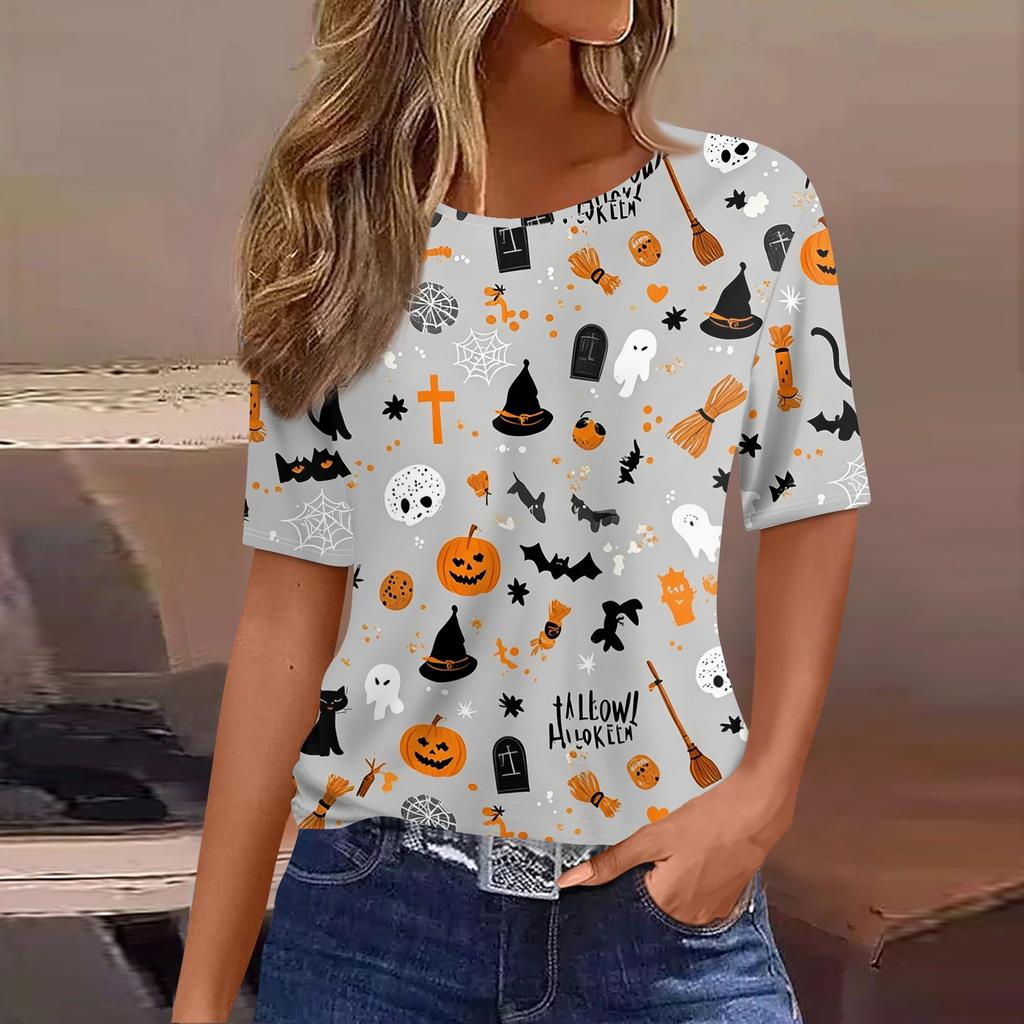 Женская повседневная футболка-пуловер с коротким рукавом, принт тыквы, призрака, летучей мыши на Хэллоуин, с круглым вырезом, свободного кроя, для осени