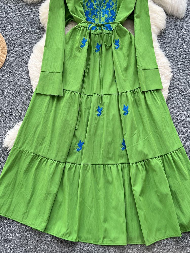 Женское весенне-осеннее платье Ретро Вышитое V-образный вырез Бретели Талия Французское Элегантное Длинный рукав Пышная юбка Длинное платье