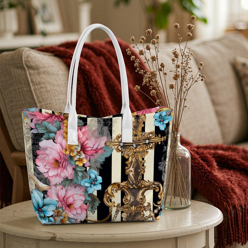 Vintage Floral Print Tote Bag Large Capacity Daily Use Shoulder Bag for Women