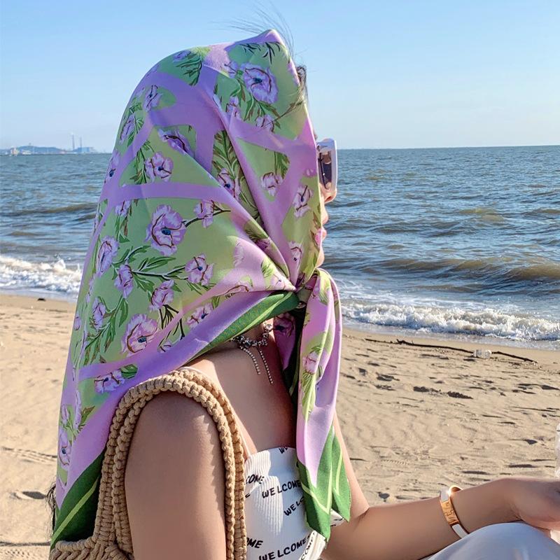 Nordic simple silk scarf long female French retro black and white striped large square scarf tied hair ins headscarf headband shawl
