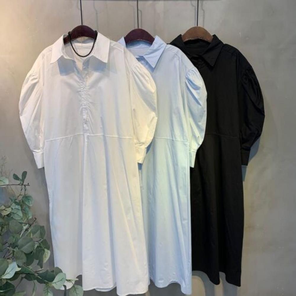 C S In The Room Shiu Puff Sleeve Shirred looSe Fit 5 Sleeve Shirt Long dreSS 3C
