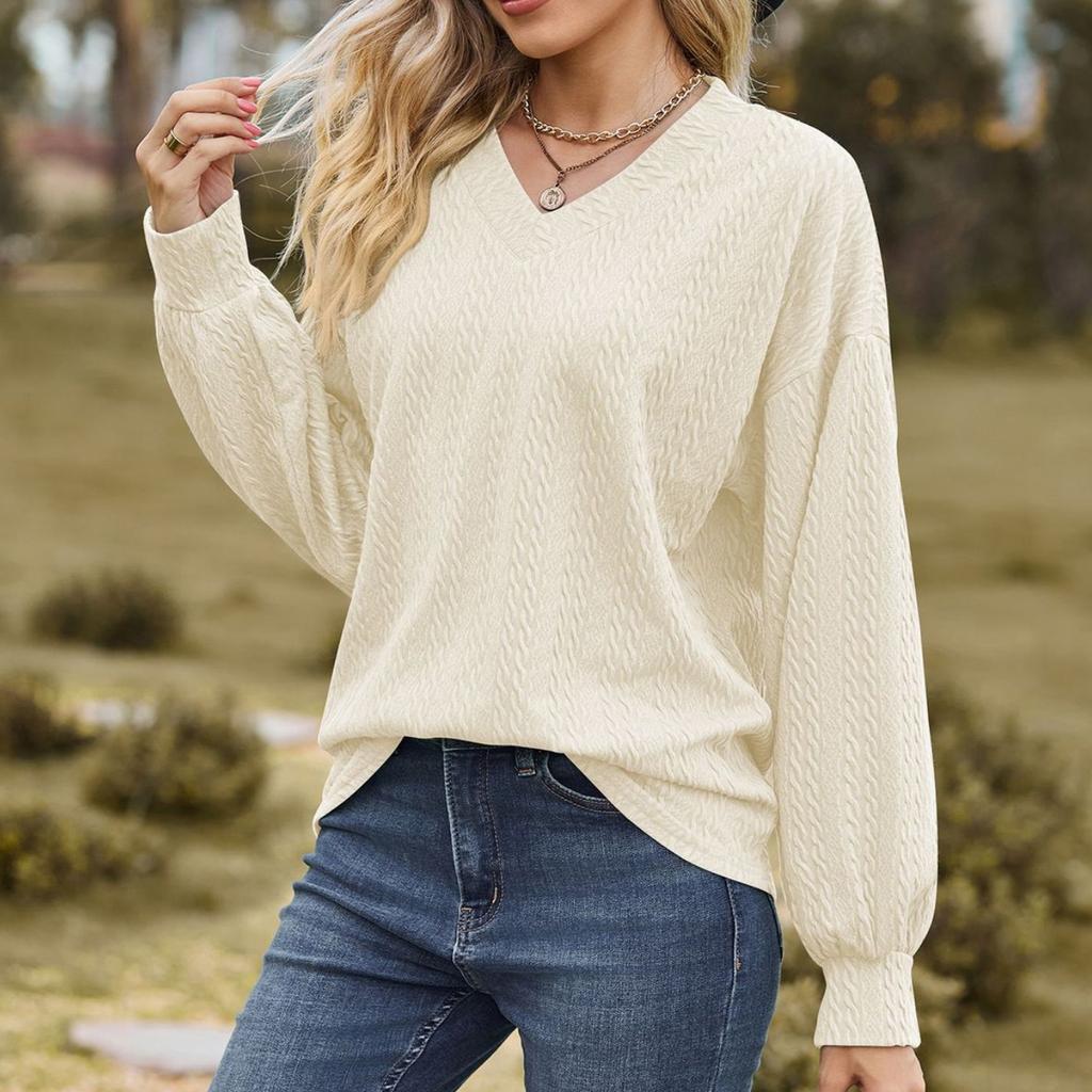 BITCED Осенне-зимняя однотонная свободная повседневная футболка с V-образным вырезом и длинными рукавами для женщин