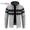 Cozy Up Men's Hooded Pinstripe Contrast Color Plush Thickened Knitted Cardigan Jacket Sweater