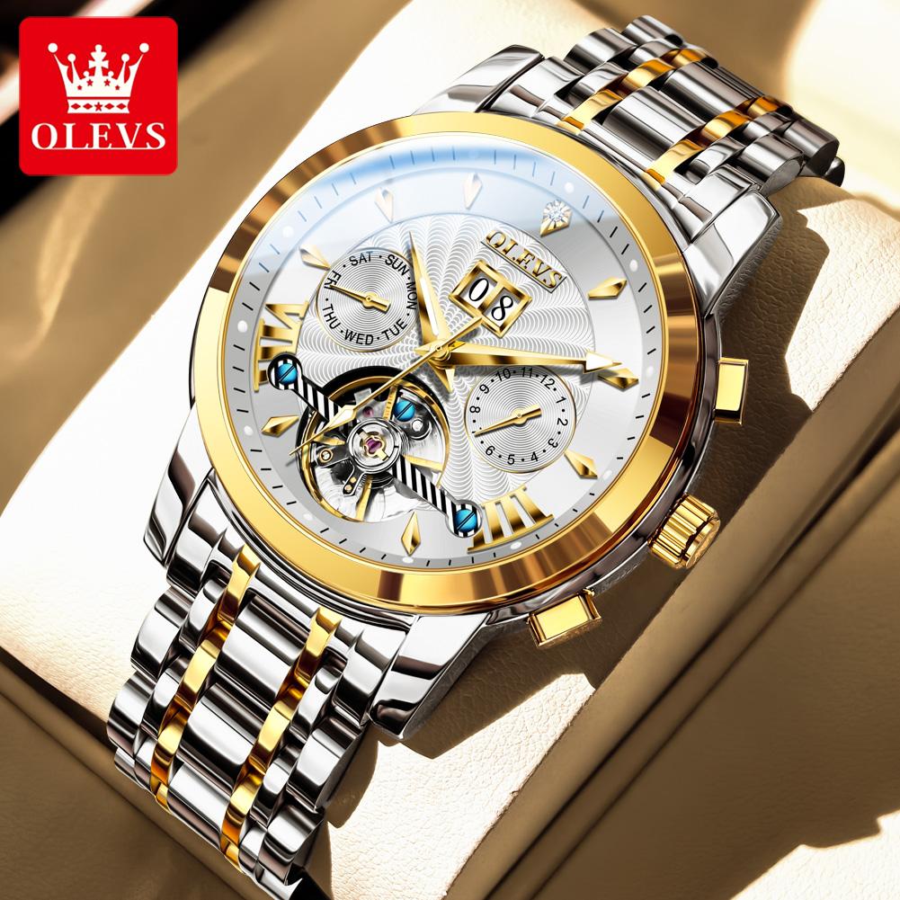 OLEVS Automatic Men's Watches Original Skeleton Flywheel Mechanical Watch for Man Waterproof Calendar Top Luxury Man Watch 9965