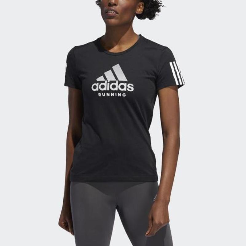 adidas Футболка Run It с принтом логотипа BoS, спортивная, с круглым вырезом, удобная, повседневная, с коротким рукавом, в американском стиле, женские топы, черного цвета ED5864
