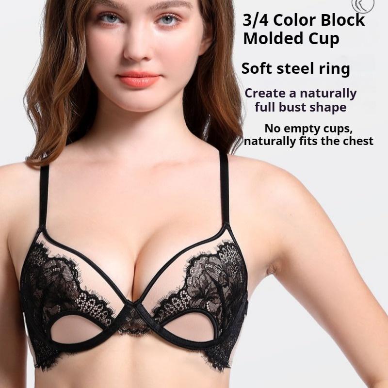 French Deep V Pseudo-see-through Bra Comfortable and Beautiful Back Push-up Open-back Soft Underwire Lace Bra for Small Breasts
