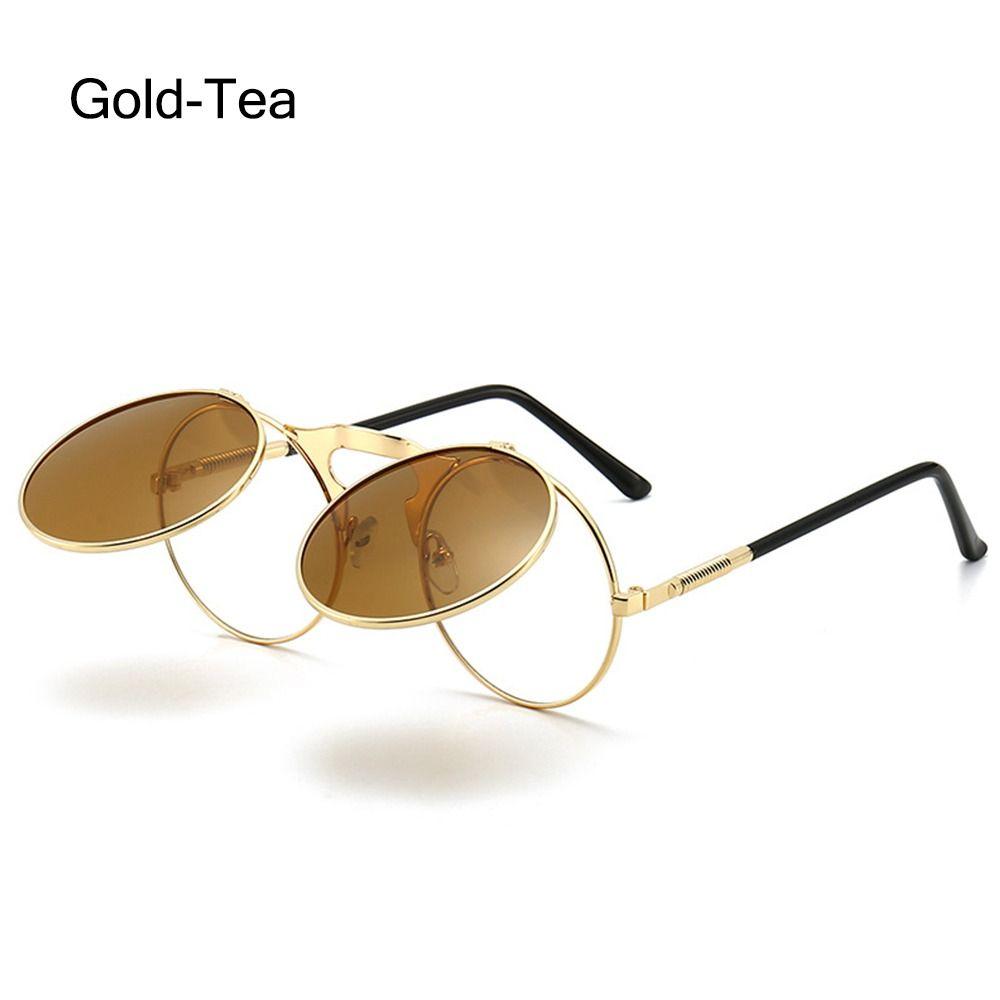Ретро Очки-флип раунд Мужские Женские Металлические Стиль Стимпанк Солнцезащитные очки Мужские Женские Двойные Круглые Прозрачные Линзы Очки