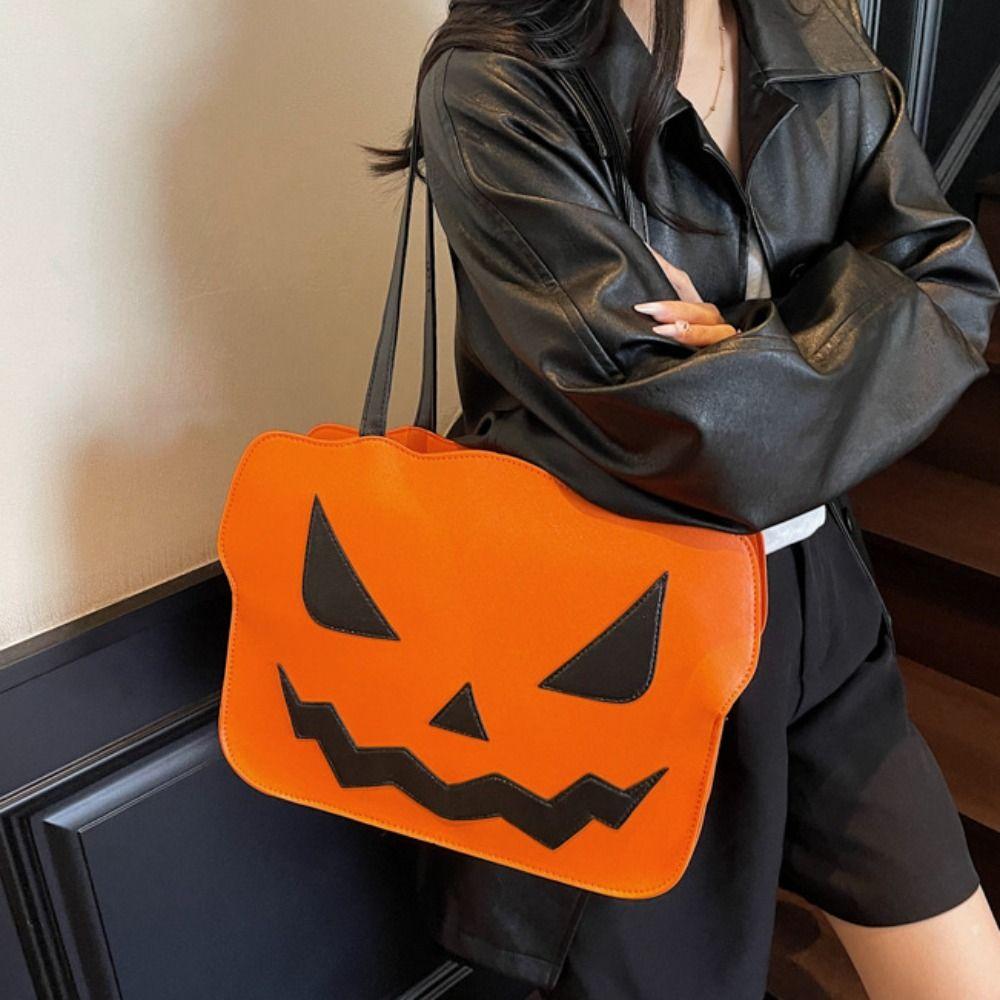 Pu Leather Pumpkin Shoulder Bag Gothic Demon Messenger Bag Portable Halloween Tote Bag  Women