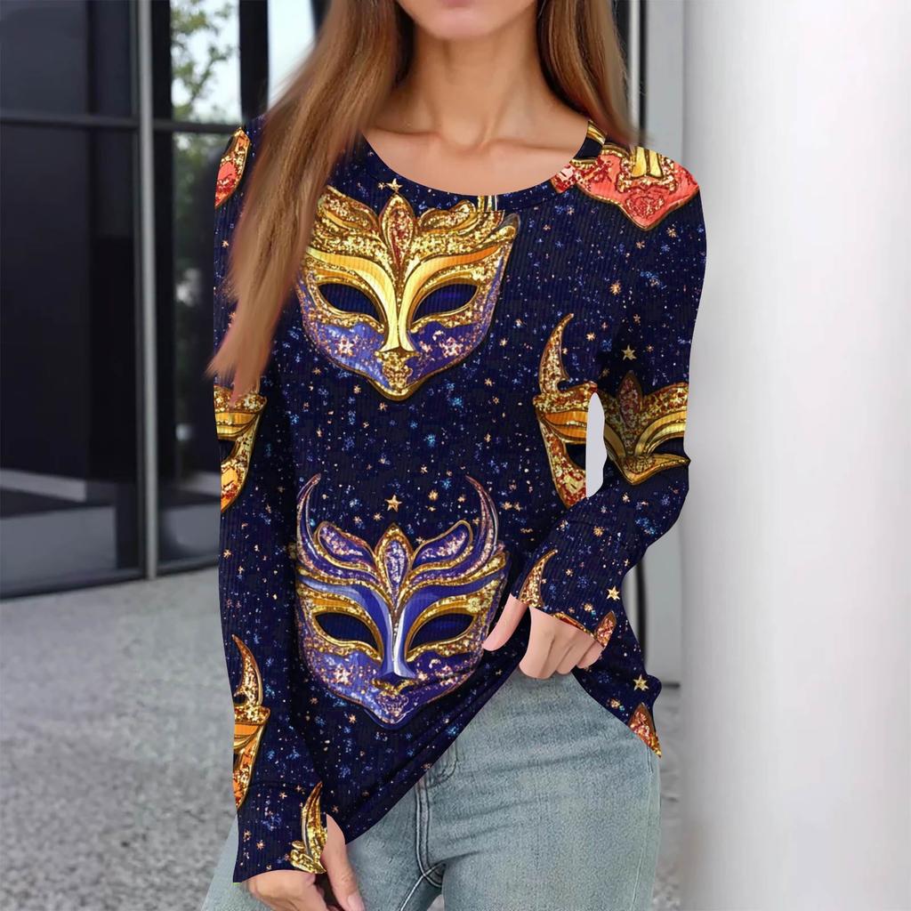 Женская зимняя приталенная футболка Модная повседневная с принтом, с круглым вырезом, пуловер, топ с длинным рукавом