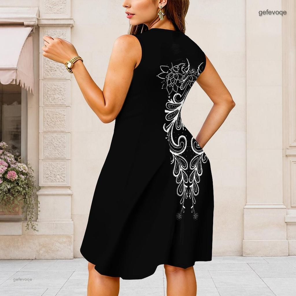 Women Plus Size Round Neck Sleeveless Geometric Printed Beige Dark Green A Line Dress