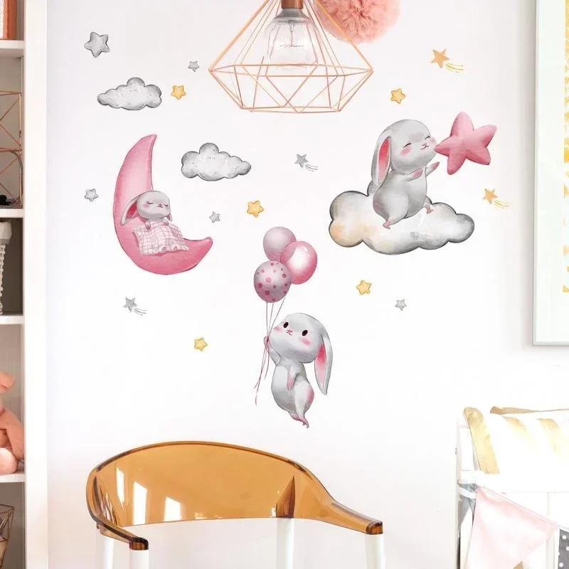 2024 New Wall Sticker Rabbit Cloud Balloon Star Wall Sticker Background Children's Room Decoration Wall Sticker Self Adhesive
