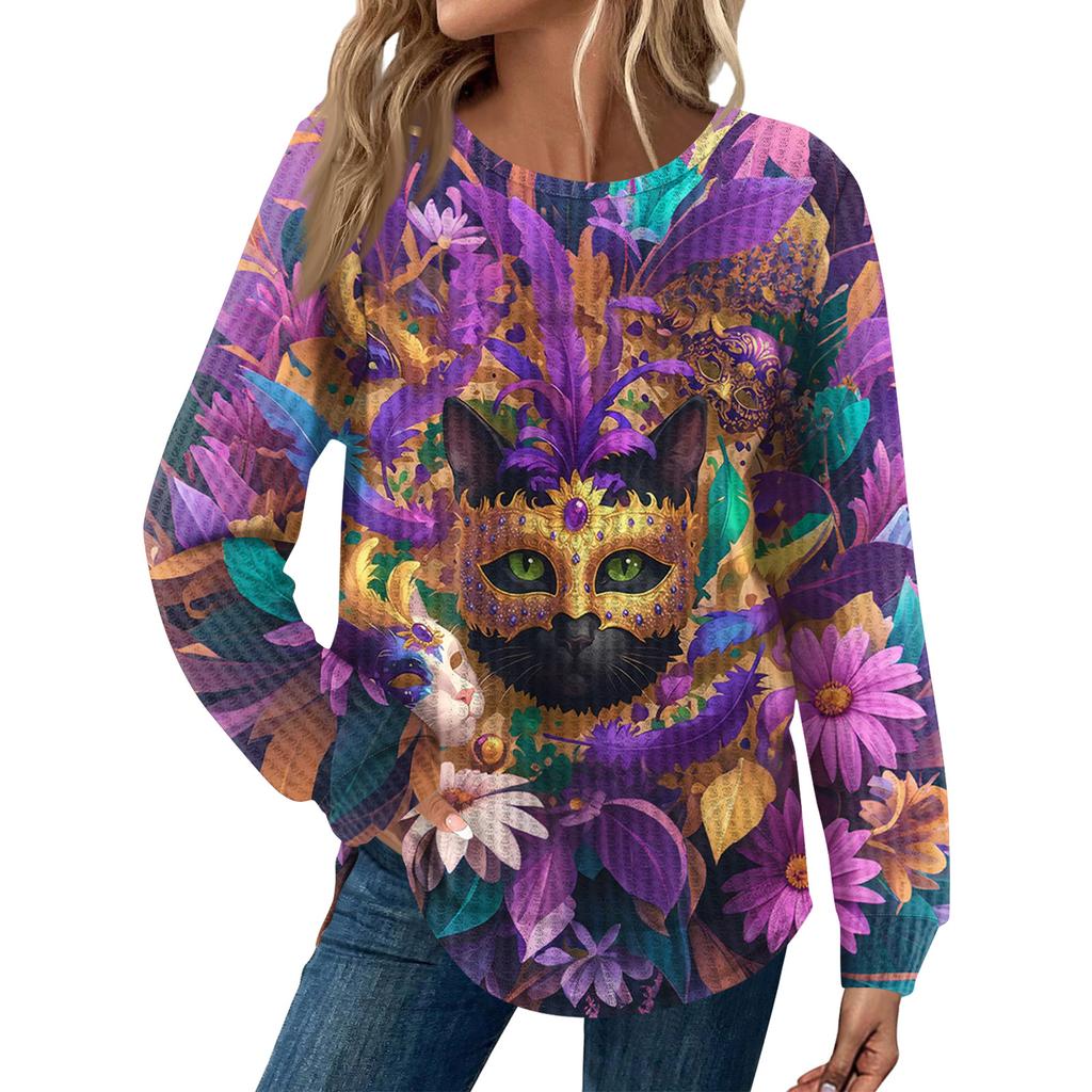 Women's Fashion  Loose Long Sleeve Carnival Print  Round Neck Casual Top