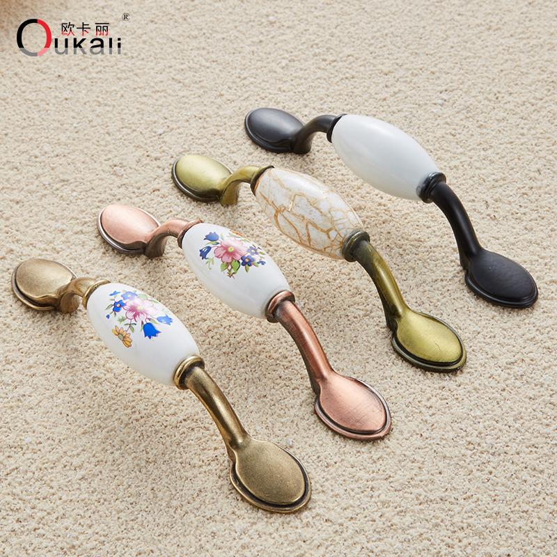 Oukali Antique Classical Ceramic Zinc Drawer Door Vintage Bedroom Furniture Handles Draw Pulls Kitchen Cabinets Wardrobe Handle