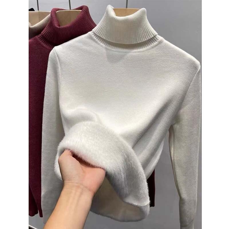 Зимний элегантный теплый свитер с высоким воротником, женский модный утепленный вязаный пуловер на бархатной подкладке, тонкие топы, повседневный трикотаж 29260