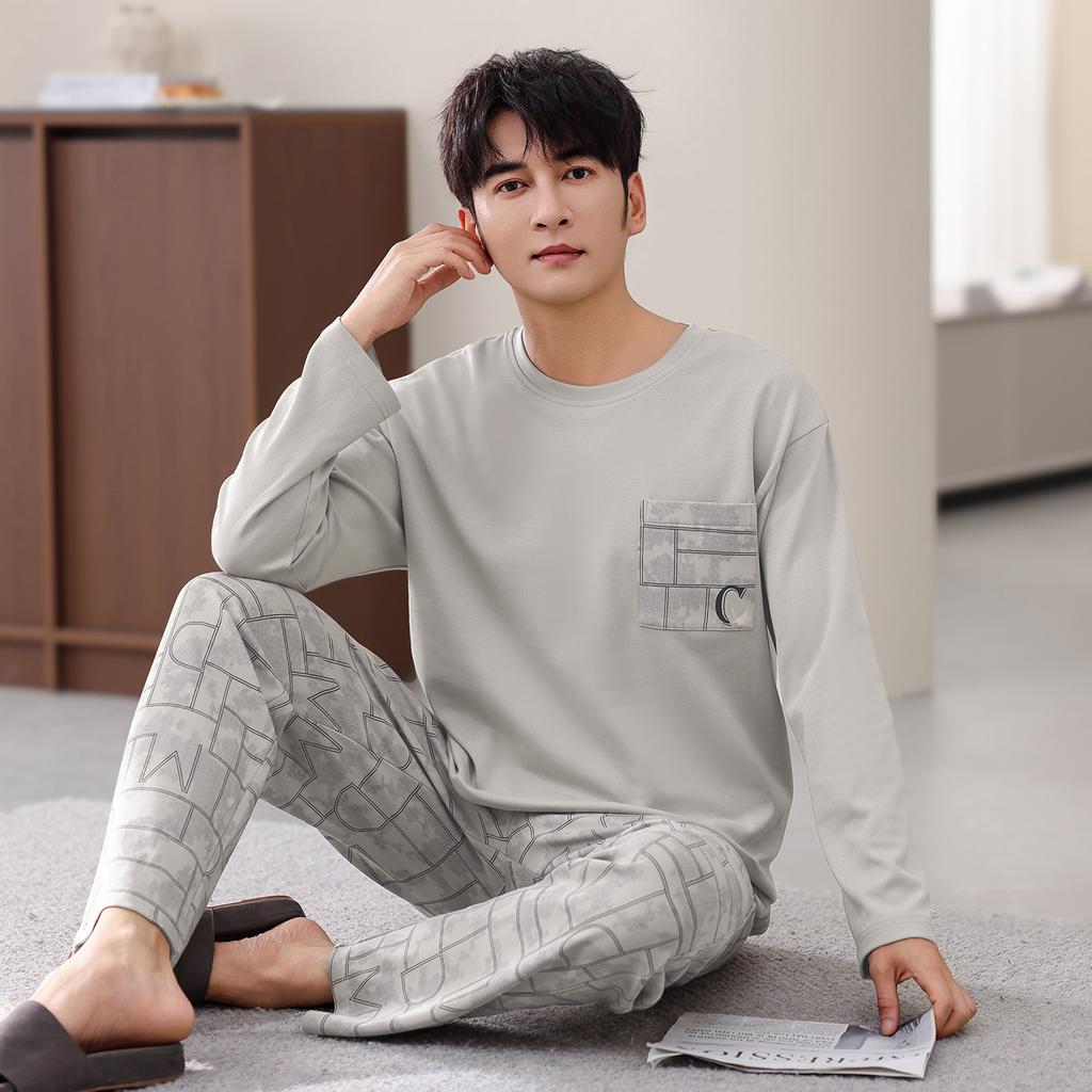 Pajamas Men'S Autumn Thin Cotton Long Sleeve Spring And Autumn Simple Wear Loungewear Suit