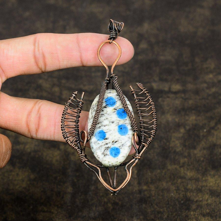 K2 Azurite Handmade Copper Wire Wrap Jewelry Pendant 3.98" y7A86