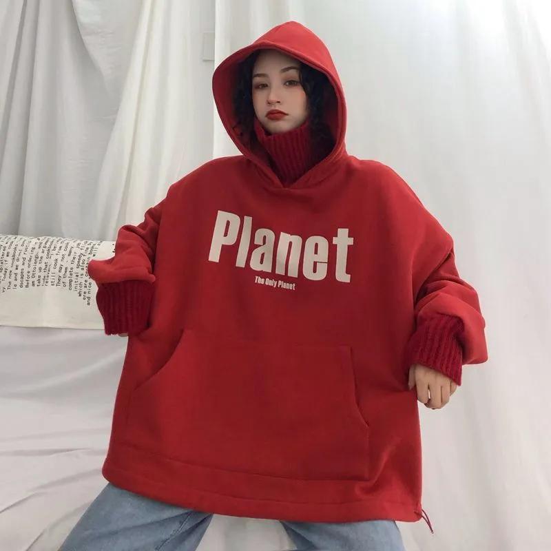 Свитер больших размеров, женский осенне-зимний свободный ложный двухсекционный утолщенный свитшот с капюшоном и высоким воротником, удобный пуловер с баской, топы