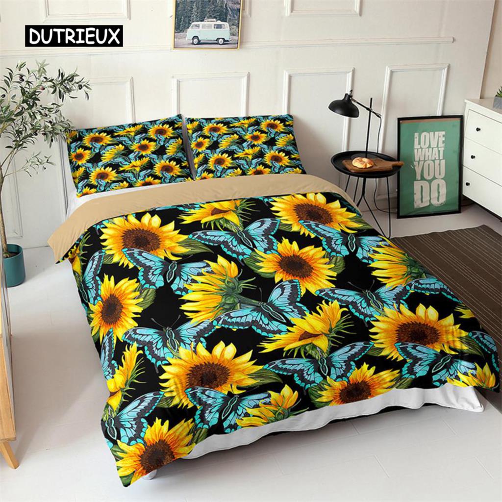 Пододеяльник с подсолнухами, комплект постельного белья с желтыми цветами, полиэстер, черный, золотой, желтый, с принтом подсолнухов, пододеяльник для детей и подростков