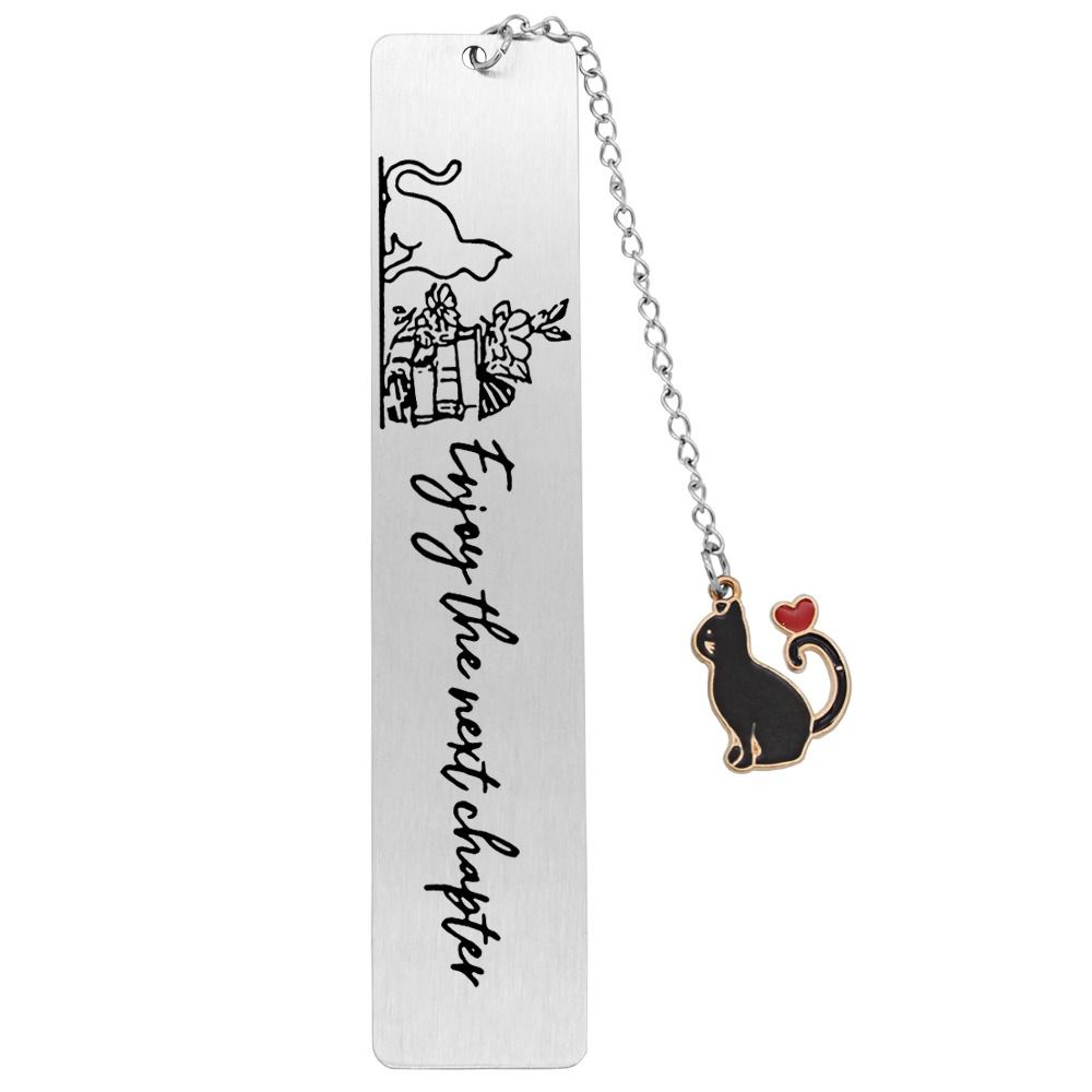 Stainless Steel Metal Bookmark Cat Long Chain Cat Pendant School Supplies Engraved Bookmark