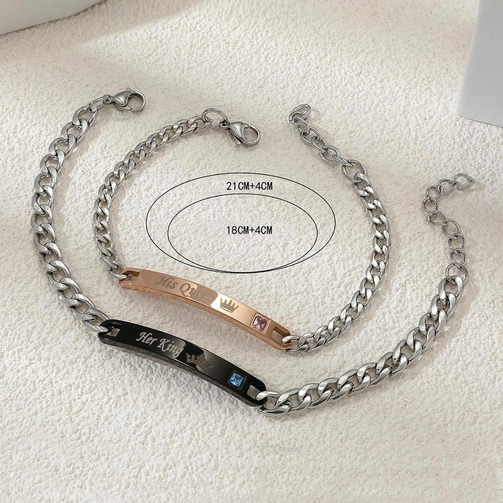 Браслет для пары из титановой стали с гравировкой, сердце с короной и цирконием - Подарок на День святого Валентина