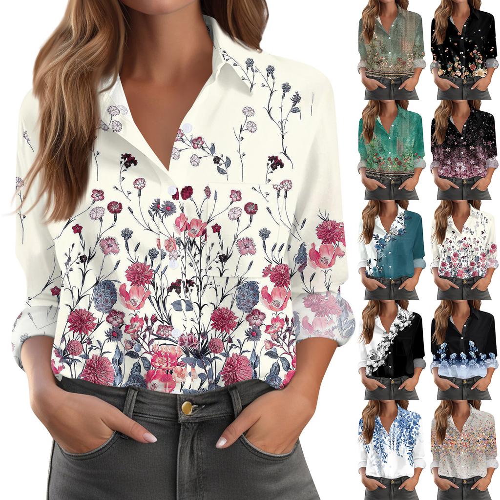 Women's Shirt Blouse Print Button Long Sleeve Casual Basic Shirt Collar Regular Top With Pockets
