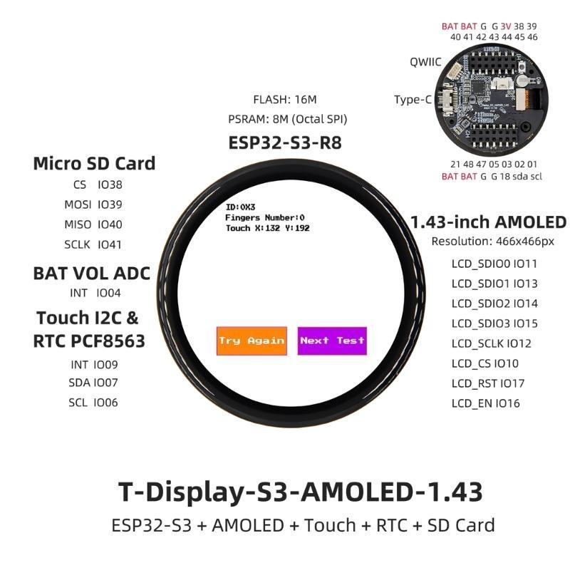 1.43Inch AMOLED Display Development Board With ESP32 S3R8 LX7 Microprocessor WiFi & BLE5 Connection