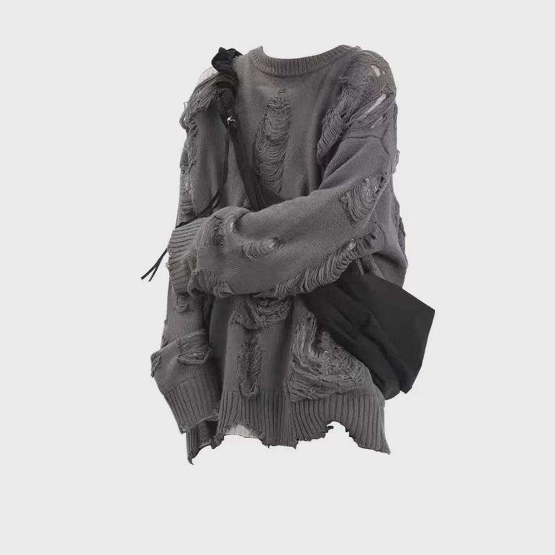 Мужской свитер свободного кроя из двух частей с рваными краями в американском стиле 2024 года, трикотаж, длинный рукав, для весны/осени.