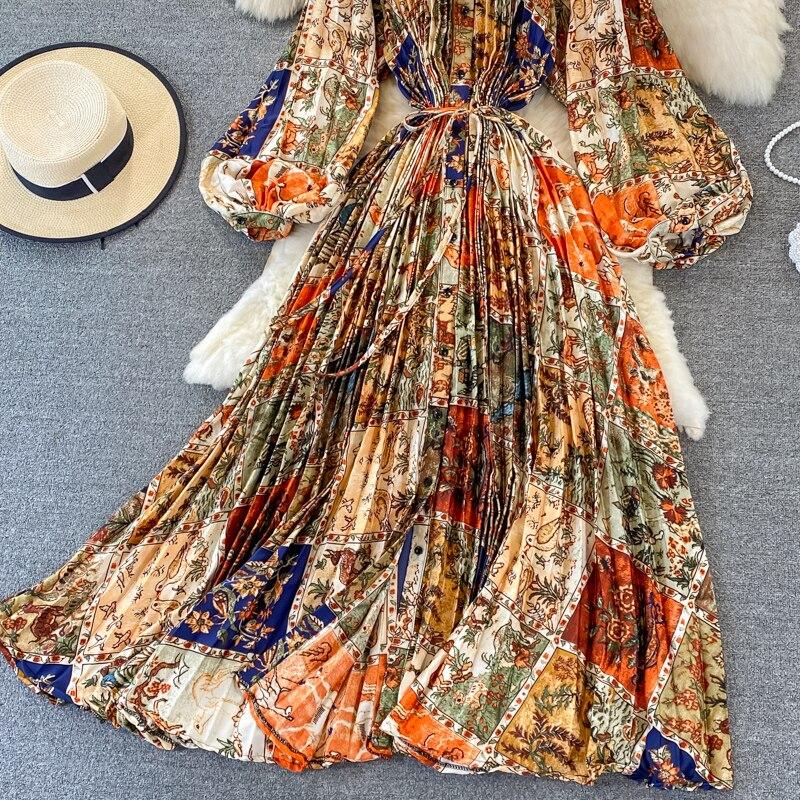 RUGOD 2024 весеннее свободное тонкое атласное однобортное плиссированное платье с круглым вырезом и длинными рукавами, элегантное легкое экстравагантное длинное платье