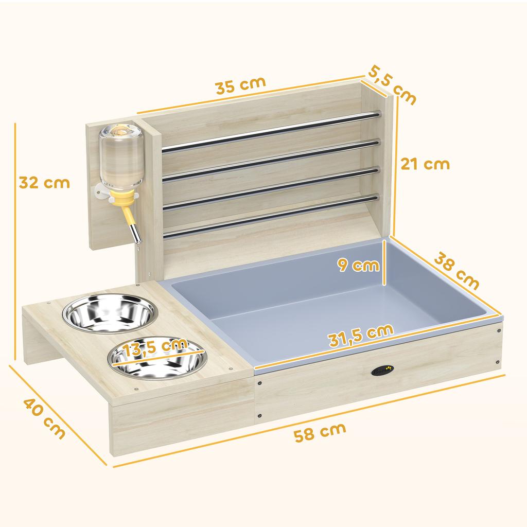 Wooden Hay Rack For Rabbit 3 In 1 Feeder With Litter Box And Water Bottle 58x40x32cm Natural Wood