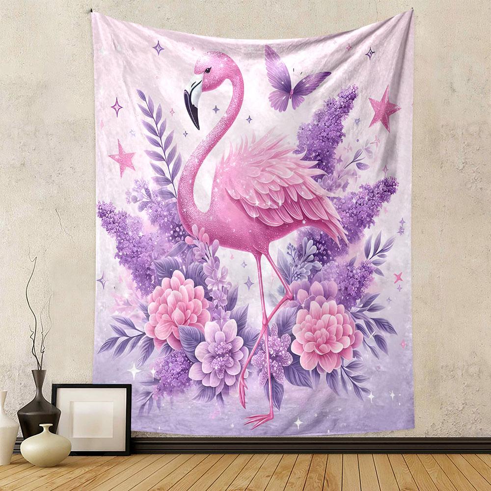 Pink Flamingo with Flowers and Stars Patterned Tapestry Decorative Wall Hanging, Home Bedroom Living Room Decor