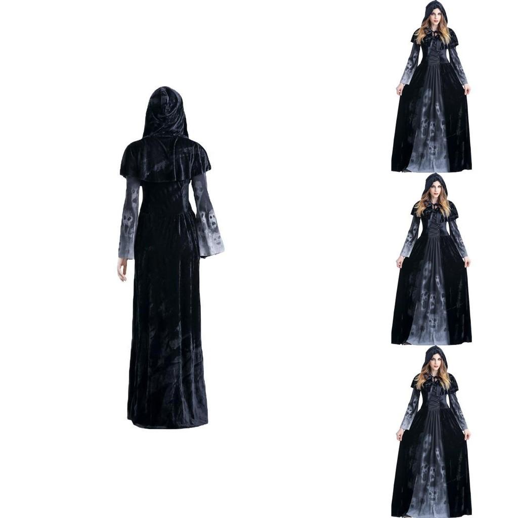 Хэллоуинское косплей-платье для женщин с принтом скелета, полиэстер, фэнтези, костюм злой ведьмы, вампира, мертвой души, костюм на Хэллоуин