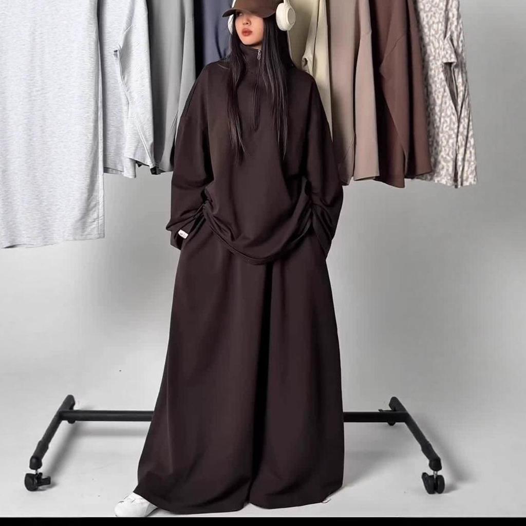 2025 Women's Casual Loose Drapey Half-Zip Top & Skirt Two-Piece Set