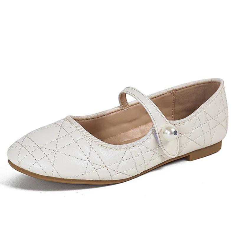 Мода Весна Осень Новые Роскошные Женские Лаконичного Дизайна Туфли с Ремешком и Пряжкой-Жемчужиной, Круглый Носок, Мелкие Балетки, Обувь для Женщин