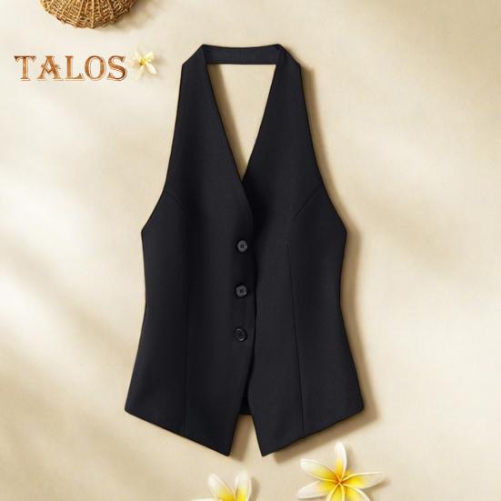 Женский жилет с V-образным вырезом на шее, пиджак на пуговицах с открытой спиной, укороченный жилет без рукавов, винтажный нарядный жилет