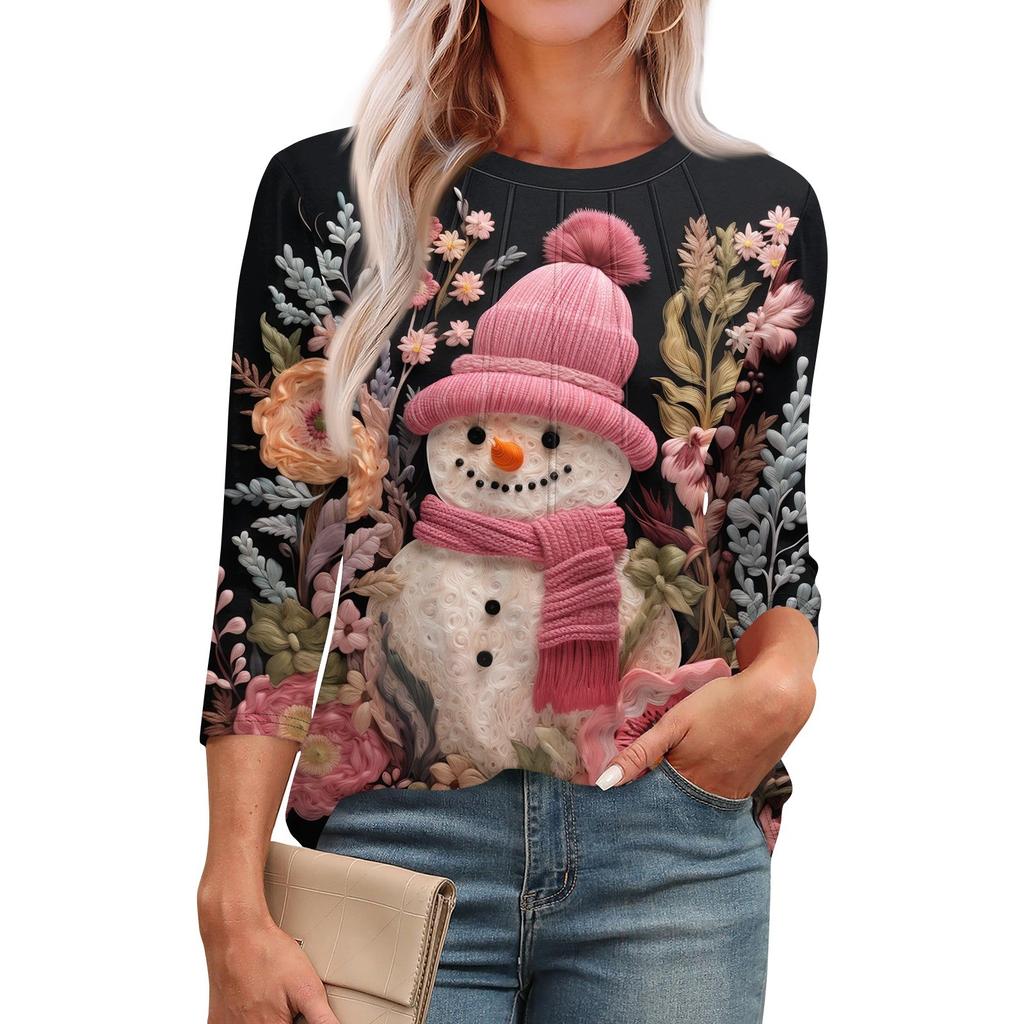 Женская модная футболка с круглым вырезом и рукавом 3/4 с принтом, повседневная, базовая, плиссированная, пуловер