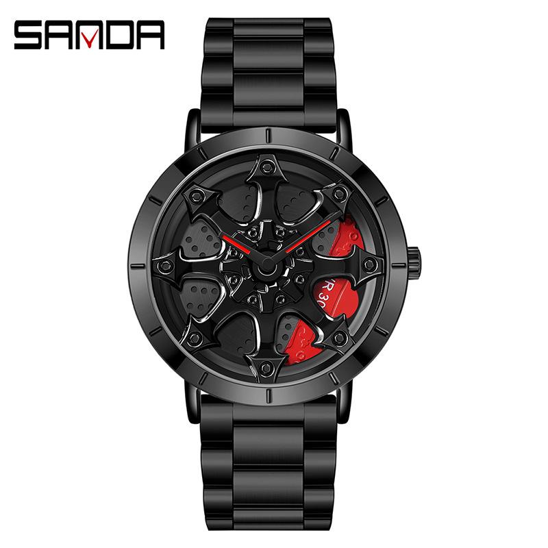 SANDA Часы со стальным ремнем, модные повседневные мужские часы с крутым циферблатом, кварцевые часы на колесе автомобиля