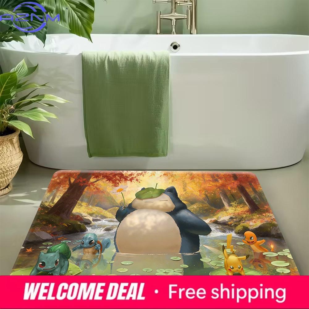 Pokemon Snorlax Pikachu and Starters Autumn Forest Print Doormat Anti-slip Absorbent Floor Mat for Home Entrance Bedroom Living