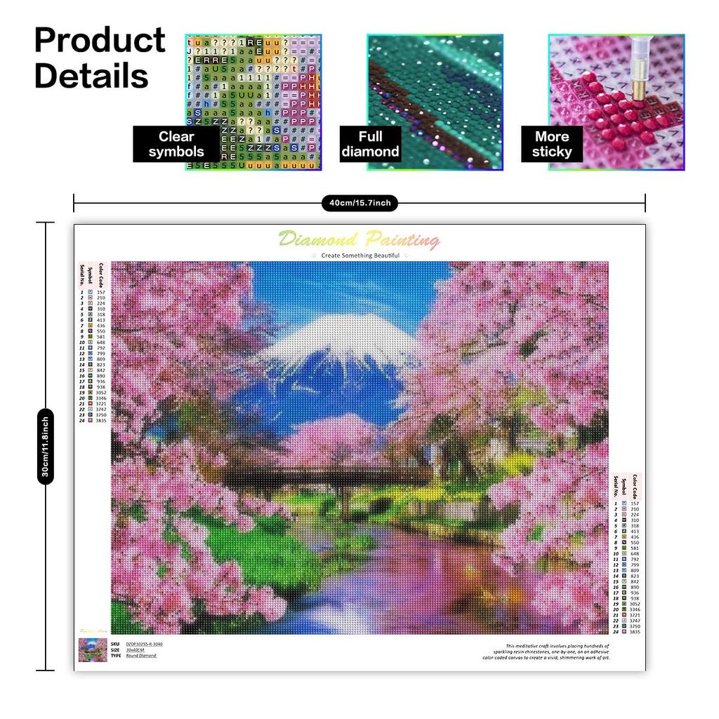 Полная круглая алмазная живопись 5D Пейзаж Цветущая вишня Алмазная художественная вышивка Горное украшение дома 30x40 см/12x16 дюймов